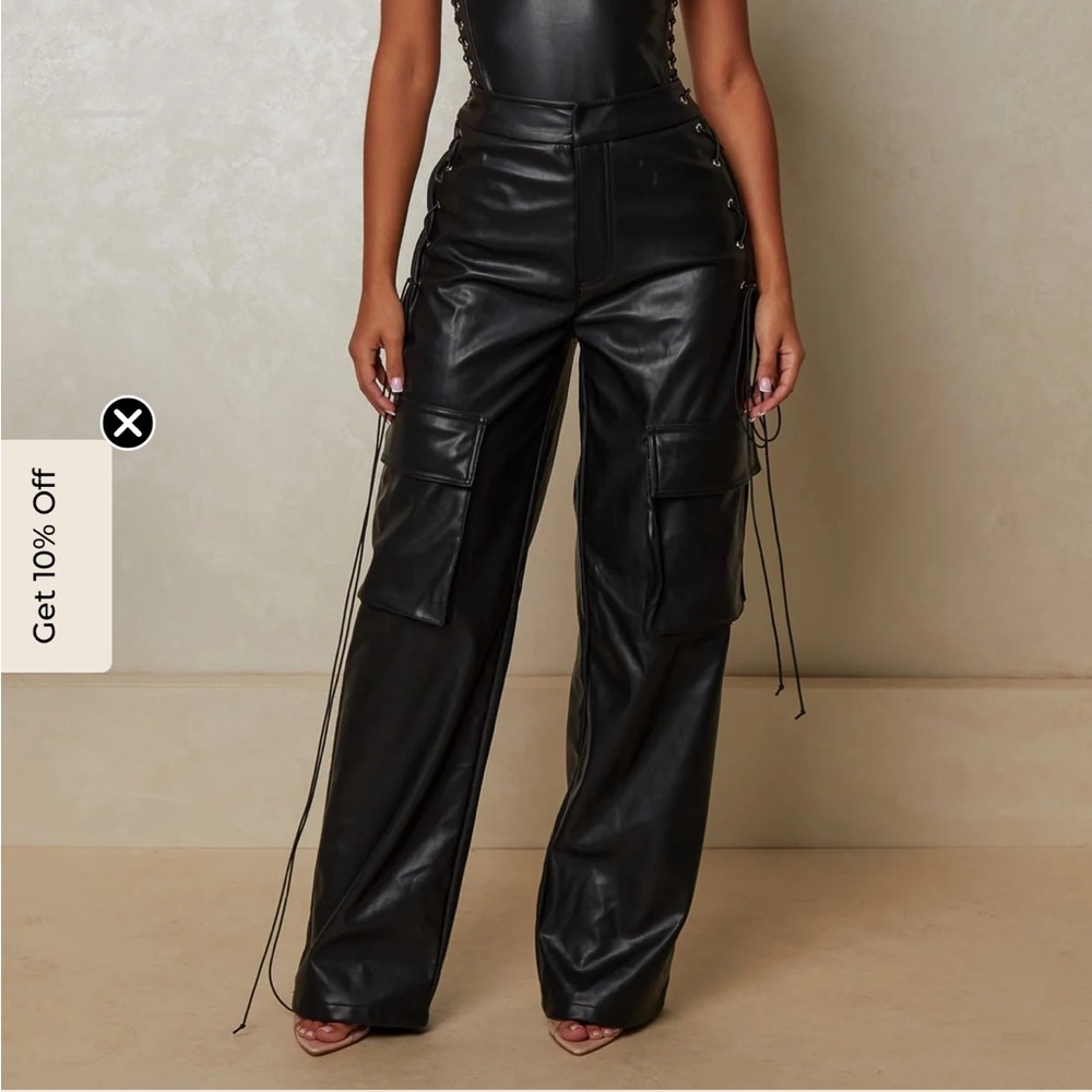 Black Faux Leather Cargo Pants